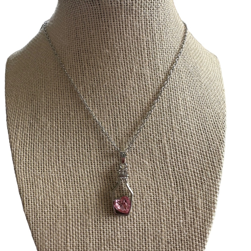 Silver Wishing Bottle with Pink Heart Jewel Charm
